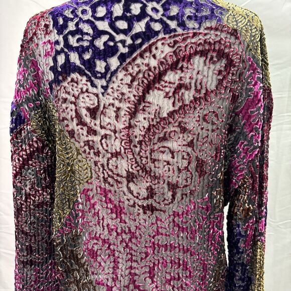 Women M Burnout Velvet Open Front Cardigan Lace Trim Fairy Goth Witchy Boho - Picture 6 of 8